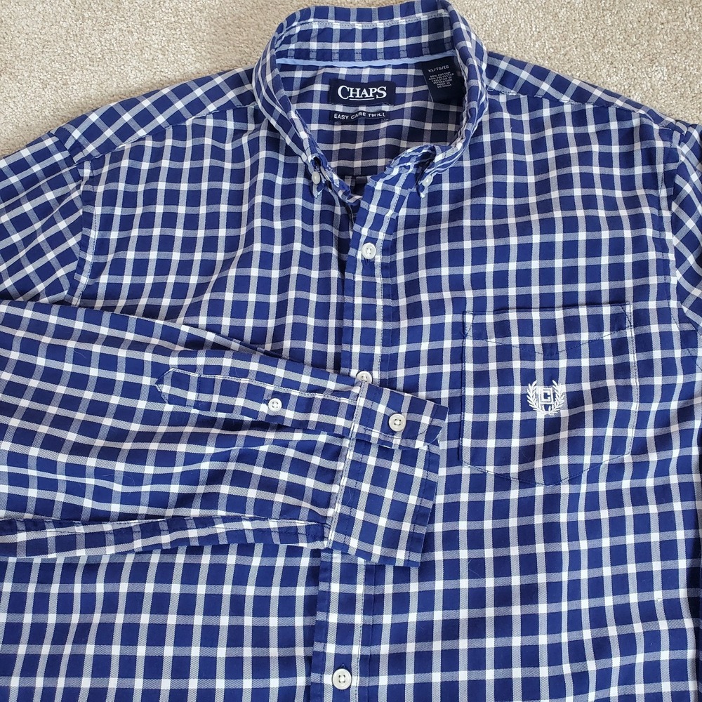 CHAPS Men's Button Down Shirt Blue‎ White Check Size XL Long Sleeve